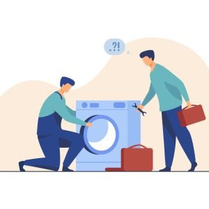 Two repairmen fixing washing machine. Handymen, mentor and intern with tools flat vector illustration. Home appliance repair service concept for banner, website design or landing web page