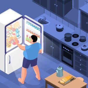 Isometric obesity horizontal composition with view of kitchen interior with fat person opening door of fridge vector illustration